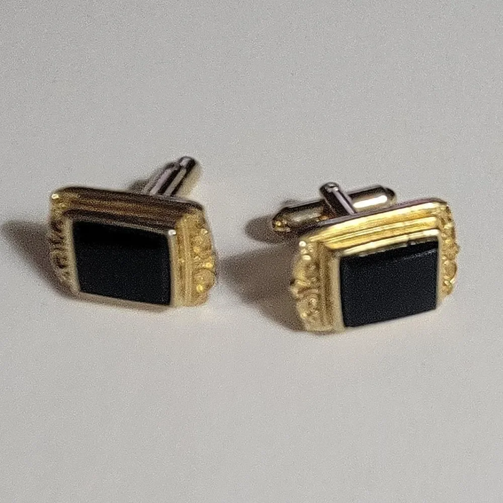 Goldtone Rectangular Cufflinks Black Stone